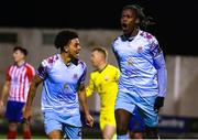 10 March 2023; Wilson Waweru of Cobh Ramblers, right, celebrates after scoring his side's first goal with teammate Issa Kargbo during the SSE Airtricity Men's First Division match between Treaty United and Cobh Ramblers at Markets Field in Limerick. Photo by Michael P Ryan/Sportsfile