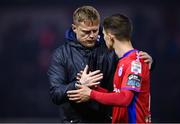 10 March 2023; Shelbourne manager Damien Duff with Tyreke Wilson of Shelbourne after the SSE Airtricity Men's Premier Division match between Shelbourne and Shamrock Rovers at Tolka Park in Dublin. Photo by Seb Daly/Sportsfile