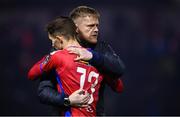10 March 2023; Shelbourne manager Damien Duff with Tyreke Wilson of Shelbourne after the SSE Airtricity Men's Premier Division match between Shelbourne and Shamrock Rovers at Tolka Park in Dublin. Photo by Seb Daly/Sportsfile