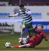 10 March 2023; Neil Farrugia of Shamrock Rovers is tackled by Shane Farrell of Shelbourne during the SSE Airtricity Men's Premier Division match between Shelbourne and Shamrock Rovers at Tolka Park in Dublin. Photo by Seb Daly/Sportsfile