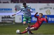 10 March 2023; Neil Farrugia of Shamrock Rovers is tackled by Shane Farrell of Shelbourne during the SSE Airtricity Men's Premier Division match between Shelbourne and Shamrock Rovers at Tolka Park in Dublin. Photo by Seb Daly/Sportsfile