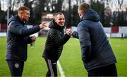 10 March 2023; Bohemians first team coach Derek Pender with Eoin Doyle, left, and Chris Forrester of St Patrick's Athletic before the SSE Airtricity Men's Premier Division match between St Patrick's Athletic and Bohemians at Richmond Park in Dublin. Photo by Stephen McCarthy/Sportsfile