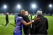 10 March 2023; Bohemians first team coach Derek Pender and Jonathan Afolabi celebrate after the SSE Airtricity Men's Premier Division match between St Patrick's Athletic and Bohemians at Richmond Park in Dublin. Photo by Stephen McCarthy/Sportsfile