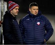 10 March 2023; Treaty United manager Tommy Barrett, left, with assistant manager Dave Rooney during the SSE Airtricity Men's First Division match between Treaty United and Cobh Ramblers at Markets Field in Limerick. Photo by Michael P Ryan/Sportsfile