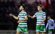 10 March 2023; Roberto Lopes, left, and Daniel Cleary of Shamrock Rovers during the SSE Airtricity Men's Premier Division match between Shelbourne and Shamrock Rovers at Tolka Park in Dublin. Photo by Seb Daly/Sportsfile
