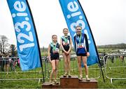 11 March 2023; Minor girls 2000m medallists, Freya Renton of Sacred Heart School Westport, Mayo, gold, Freya Bateman of Mount Mercy College, Cork, silver, and Holly Renton of Sacred Heart School Westport, Mayo, bronze, during the 123.ie All-Ireland Schools Cross Country Championships at SETU Sports Campus in Carriganore, Waterford. Photo by David Fitzgerald/Sportsfile