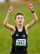 11 March 2023; Noah Watt of Campbell College, Belfast, celebrates on his way to winning the junior boys 3500m during the 123.ie All-Ireland Schools Cross Country Championships at SETU Sports Campus in Carriganore, Waterford. Photo by David Fitzgerald/Sportsfile