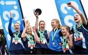 11 March 2023; The Sacred Heart School Westport team, Mayo, from left, Katie Hughes, Holly Renton, Erin Walsh, Eimear Jennings, Freya Renton, and Aoibhinn McNamara celebrate with the trophy after winning the team competition in the minor girls 2000m during the 123.ie All-Ireland Schools Cross Country Championships at SETU Sports Campus in Carriganore, Waterford. Photo by David Fitzgerald/Sportsfile
