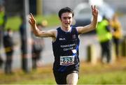 11 March 2023; Francis O'Donoghue of Summerhill College, Sligo, celebrates on his way to winning the intermediate boys 5000m during the 123.ie All-Ireland Schools Cross Country Championships at SETU Sports Campus in Carriganore, Waterford. Photo by David Fitzgerald/Sportsfile
