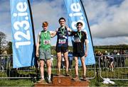 11 March 2023; Intermediate boys 5000m medallists, Francis O'Donoghue of Summerhill College, Sligo, gold, Declan O'Connell of Clarin College Athenry, Galway, silver, and Finn Diver of St Malachys College, bronze, during the 123.ie All-Ireland Schools Cross Country Championships at SETU Sports Campus in Carriganore, Waterford. Photo by David Fitzgerald/Sportsfile