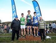11 March 2023; Athletics Ireland president John Cronin, left, and President of the Irish Schools Athletic Association Billy Delaney, right with Senior boys 6000m medallists, Jonas Stafford of Glendalough school, Wicklow, gold, Niall Murphy of St Flannans Ennis, Clare, silver, and William Verling of St Colmans Fermoy, Cork, bronze, during the 123.ie All-Ireland Schools Cross Country Championships at SETU Sports Campus in Carriganore, Waterford. Photo by David Fitzgerald/Sportsfile