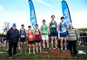 11 March 2023; Athletics Ireland president John Cronin, left, and President of the Irish Schools Athletic Association Billy Delaney, right with Senior boys 6000m top six, from left, Daniel Ryan-Ellis of Nenagh CBS, Tipperary, sixth, Robert Troy of Charleville CBS, fifth, Billy Coogan  of Kilkenny CBS, fourth, William Verling of St Colmans Fermoy, Cork, third, Jonas Stafford  of Glendalough school, Wicklow, first, and Niall Murphy of St Flannans Ennis, Clare, second, during the 123.ie All-Ireland Schools Cross Country Championships at SETU Sports Campus in Carriganore, Waterford. Photo by David Fitzgerald/Sportsfile