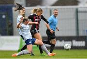 11 March 2023; Sarah Rowe of Bohemians is tackled by Jessie Staple of Shelbourne during the SSE Airtricity Women's Premier Division match between Bohemians and Shelbourne at Dalymount Park in Dublin. Photo by Tyler Miller/Sportsfile