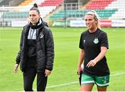 11 March 2023; Shamrock Rovers strength and conditioning coach Orlaith White, left, and Savannah McCarthy of Shamrock Rovers before the SSE Airtricity Women's Premier Division match between Shamrock Rovers and Treaty United at Tallaght Stadium in Dublin. Photo by Stephen Marken/Sportsfile
