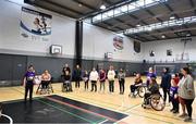 11 March 2023; IWA-Sport held their first Her Moves event in celebration of International Women’s Day at their headquarters in Clontarf. This inclusive event saw females of all abilities come together to learn more about strength and conditioning as well as giving wheelchair basketball and rugby a try. IWA-Sport clubs are open for members to people with physical disabilities across Ireland. Get in touch @IWA_Sport. Pictured during the event is Shakira Cooghne, Strength coach at ACLAÍ, with attendees. Photo by Ben McShane/Sportsfile