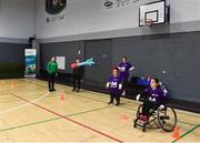 11 March 2023; IWA-Sport held their first Her Moves event in celebration of International Women’s Day at their headquarters in Clontarf. This inclusive event saw females of all abilities come together to learn more about strength and conditioning as well as giving wheelchair basketball and rugby a try. IWA-Sport clubs are open for members to people with physical disabilities across Ireland. Get in touch @IWA_Sport. Pictured during the event attendees taking javelin throwing. Photo by Ben McShane/Sportsfile