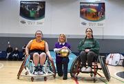11 March 2023; IWA-Sport held their first Her Moves event in celebration of International Women’s Day at their headquarters in Clontarf. This inclusive event saw females of all abilities come together to learn more about strength and conditioning as well as giving wheelchair basketball and rugby a try. IWA-Sport clubs are open for members to people with physical disabilities across Ireland. Get in touch @IWA_Sport. Pictured during the event is Limerick Celtics basketball player Jodie Waite, left, South East Swifts basketball player Sophie Denieffe, right, and IWA CEO Rosemary Keogh. Photo by Ben McShane/Sportsfile