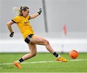 11 March 2023; Tara Needham of DCU Dóchas Éireann shoots to score her side's second goal during the 2023 Yoplait Ladies HEC O’Connor Cup Final match between DCU Dóchas Éireann and University of Limerick at University of Galway Connacht GAA Air Dome in Bekan, Mayo. Photo by Piaras Ó Mídheach/Sportsfile