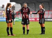 11 March 2023; Bohemians players from left, Fiona Donnelly, Lisa Murphy and Mia Dodd after the SSE Airtricity Women's Premier Division match between Bohemians and Shelbourne at Dalymount Park in Dublin. Photo by Tyler Miller/Sportsfile