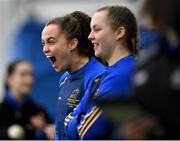 11 March 2023; Emma Duggan of DCU Dóchas Éireann celebrates from the sideline during the 2023 Yoplait Ladies HEC O’Connor Cup Final match between DCU Dóchas Éireann and University of Limerick at University of Galway Connacht GAA Air Dome in Bekan, Mayo. Photo by Piaras Ó Mídheach/Sportsfile