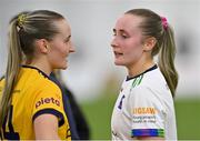 11 March 2023; Ciara Needham of University of Limerick, right, is consoled by her twin sister Tara Needham of DCU Dóchas Éireann after the 2023 Yoplait Ladies HEC O’Connor Cup Final match between DCU Dóchas Éireann and University of Limerick at University of Galway Connacht GAA Air Dome in Bekan, Mayo. Photo by Piaras Ó Mídheach/Sportsfile