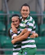 11 March 2023; Alannah McEvoy, left, celebrates scoring her side's first goal with teammate Jess Gagan of Shamrock Rovers during the SSE Airtricity Women's Premier Division match between Shamrock Rovers and Treaty United at Tallaght Stadium in Dublin. Photo by Stephen Marken/Sportsfile