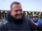 11 March 2023; RTÉ's Marty Morrissey, right, shares a joke with Waterford manager Davy Fitzgerald before the Allianz Hurling League Division 1 Group B match between Tipperary and Waterford at FBD Semple Stadium in Thurles, Tipperary. Photo by Stephen McCarthy/Sportsfile