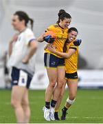 11 March 2023; DCU Dóchas Éireann players Anna Rose Kennedy, left, and Ruth Sargeant celebrate after their side's victory in the 2023 Yoplait Ladies HEC O’Connor Cup Final match between DCU Dóchas Éireann and University of Limerick at University of Galway Connacht GAA Air Dome in Bekan, Mayo. Photo by Piaras Ó Mídheach/Sportsfile