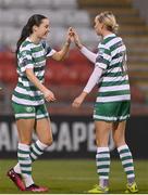 11 March 2023; Aoife Kelly of Shamrock Rovers, left, celebrates after scoring her side's second goal with teammate Stephanie Zambra during the SSE Airtricity Women's Premier Division match between Shamrock Rovers and Treaty United at Tallaght Stadium in Dublin. Photo by Stephen Marken/Sportsfile