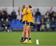 11 March 2023; DCU Dóchas Éireann players Kate Kenny, right, and Emma Morrissey celebrate after their side's victory in the 2023 Yoplait Ladies HEC O’Connor Cup Final match between DCU Dóchas Éireann and University of Limerick at University of Galway Connacht GAA Air Dome in Bekan, Mayo. Photo by Piaras Ó Mídheach/Sportsfile