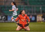 11 March 2023; Treaty United goalkeeper Anne Marie Ulliac reacts after conceding a goal from Aoife Kelly of Shamrock Rovers during the SSE Airtricity Women's Premier Division match between Shamrock Rovers and Treaty United at Tallaght Stadium in Dublin. Photo by Stephen Marken/Sportsfile