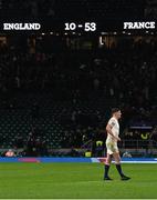 11 March 2023; Owen Farrell of England leaves the pitch, as the final scoreboard reads England 10 - France 53, after the final whistle of the Guinness Six Nations Rugby Championship match between England and France at Twickenham Stadium in London, England. Photo by Harry Murphy/Sportsfile