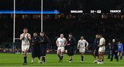 11 March 2023; Owen Farrell of England, left, and his teammates, as the final scoreboard reads England 10 - France 53, after the final whistle of the Guinness Six Nations Rugby Championship match between England and France at Twickenham Stadium in London, England. Photo by Harry Murphy/Sportsfile