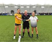 11 March 2023; Referee Gus Champman with team captains Anna Rose Kennedy of DCU Dóchas Éireann and Aoife Molloy of University of Limerick before the 2023 Yoplait Ladies HEC O’Connor Cup Final match between DCU Dóchas Éireann and University of Limerick at University of Galway Connacht GAA Air Dome in Bekan, Mayo. Photo by Piaras Ó Mídheach/Sportsfile