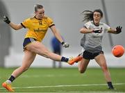 11 March 2023; Tara Needham of DCU Dóchas Éireann shoots under pressure from Erika O'Shea of University of Limerick during the 2023 Yoplait Ladies HEC O’Connor Cup Final match between DCU Dóchas Éireann and University of Limerick at University of Galway Connacht GAA Air Dome in Bekan, Mayo. Photo by Piaras Ó Mídheach/Sportsfile