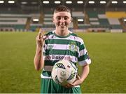 11 March 2023; Jaime Thompson of Shamrock Rovers poses with the match ball after scoring a hat-trick in the SSE Airtricity Women's Premier Division match between Shamrock Rovers and Treaty United at Tallaght Stadium in Dublin. Photo by Stephen Marken/Sportsfile