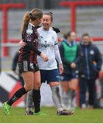 11 March 2023; Pearl Slattery of Shelbourne, right, and Sarah Rowe of Bohemians after the SSE Airtricity Women's Premier Division match between Bohemians and Shelbourne at Dalymount Park in Dublin. Photo by Tyler Miller/Sportsfile