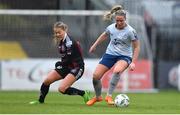 11 March 2023; Jessie Stapleton of Shelbourne in action against Sarah Rowe of Bohemians during the SSE Airtricity Women's Premier Division match between Bohemians and Shelbourne at Dalymount Park in Dublin. Photo by Tyler Miller/Sportsfile