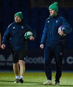 10 March 2023; Ireland assistant coaches Mark Sexton, right, and Aaron Dundon before the U20 Six Nations Rugby Championship match between Scotland and Ireland at Scotstoun Stadium in Glasgow, Scotland. Photo by Brendan Moran/Sportsfile