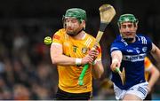 12 March 2023; Niall McKenna of Antrim in action against Patrick Purcell of Laois during the Allianz Hurling League Division 1 Group A match between Antrim and Laois at Corrigan Park in Belfast. Photo by Ramsey Cardy/Sportsfile