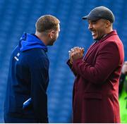 12 March 2023; Finn Russell of Scotland in conversation with former Racing 92 teammate Simon Zebo before the Guinness Six Nations Rugby Championship match between Scotland and Ireland at BT Murrayfield Stadium in Edinburgh, Scotland. Photo by Harry Murphy/Sportsfile