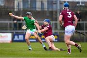 12 March 2023; Diarmaid Byrnes of Limerick in action against Kevin Regan of Westmeath during the Allianz Hurling League Division 1 Group B match between Westmeath and Limerick at TEG Cusack Park in Mullingar, Westmeath. Photo by Tyler Miller/Sportsfile