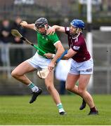 12 March 2023; Diarmaid Byrnes of Limerick in action against Kevin Regan of Westmeath during the Allianz Hurling League Division 1 Group B match between Westmeath and Limerick at TEG Cusack Park in Mullingar, Westmeath. Photo by Tyler Miller/Sportsfile