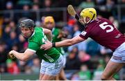 12 March 2023; Peter Casey of Limerick in action against Aaron Craig of Westmeath during the Allianz Hurling League Division 1 Group B match between Westmeath and Limerick at TEG Cusack Park in Mullingar, Westmeath. Photo by Tyler Miller/Sportsfile