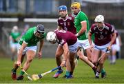 12 March 2023; Barry Murphy of Limerick and Robbie Greville of Westmeath battle for possession during the Allianz Hurling League Division 1 Group B match between Westmeath and Limerick at TEG Cusack Park in Mullingar, Westmeath. Photo by Tyler Miller/Sportsfile