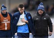 12 March 2023; Seán Currie of Dublin leaves the pitch at half-time, alongside Dublin GAA chairman Mick Seavers, during the Allianz Hurling League Division 1 Group A match between Kilkenny and Dublin at UPMC Nowlan Park in Kilkenny. Photo by Piaras Ó Mídheach/Sportsfile
