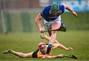 12 March 2023; William Dunphy of Laois in action against Eoin O'Neill of Antrim during the Allianz Hurling League Division 1 Group A match between Antrim and Laois at Corrigan Park in Belfast. Photo by Ramsey Cardy/Sportsfile