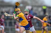 12 March 2023; Robyn Mounsey of Clare in action against Jack Grealish of Galway during the Allianz Hurling League Division 1 Group B match between Clare and Galway at Cusack Park in Ennis, Clare. Photo by Ray McManus/Sportsfile
