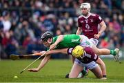 12 March 2023; Conor Boylan of Limerick in action against Aaron Craig of Westmeath during the Allianz Hurling League Division 1 Group B match between Westmeath and Limerick at TEG Cusack Park in Mullingar, Westmeath. Photo by Tyler Miller/Sportsfile
