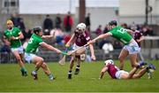 12 March 2023; Joseph Boyle of Westmeath in action against Peter Casey, left, and Conor Boylan of Limerick during the Allianz Hurling League Division 1 Group B match between Westmeath and Limerick at TEG Cusack Park in Mullingar, Westmeath. Photo by Tyler Miller/Sportsfile
